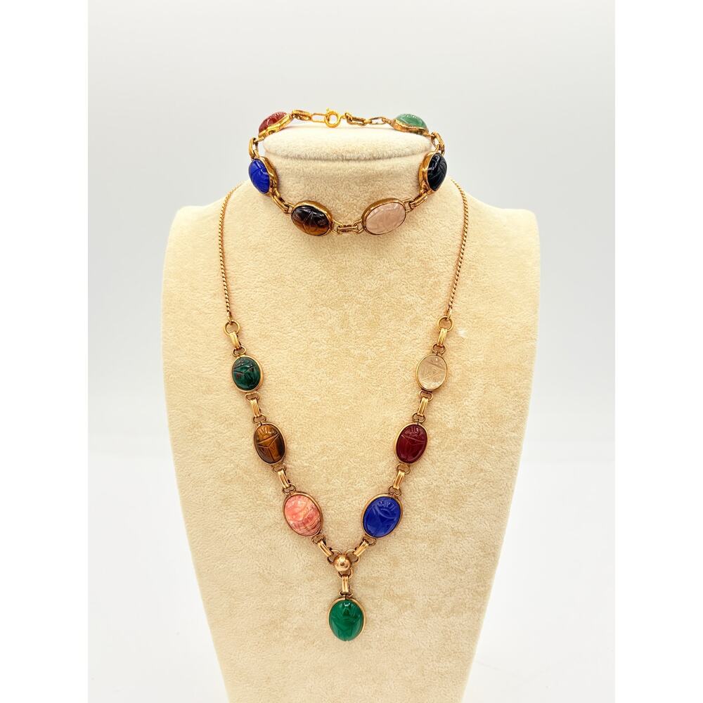 Vintage Egyptian Revival Scarab Necklace and Bracelet Set, Mid‑Century Glass